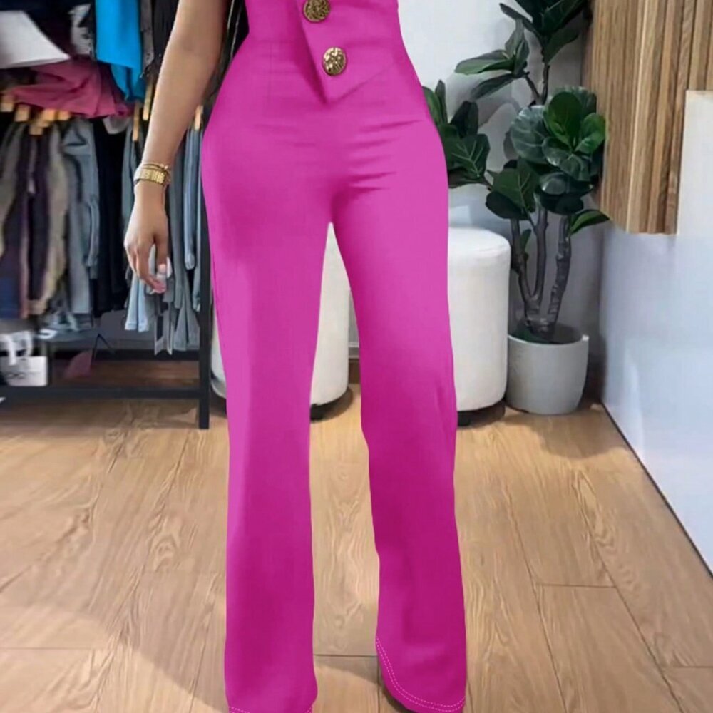 Hot Pink Elegant Women's Asymmetrical Bandeau Jumpsuit - Picture 3 of 4